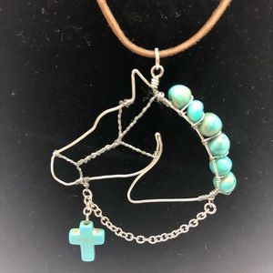 One of a kind Horse necklace with turquoise cross